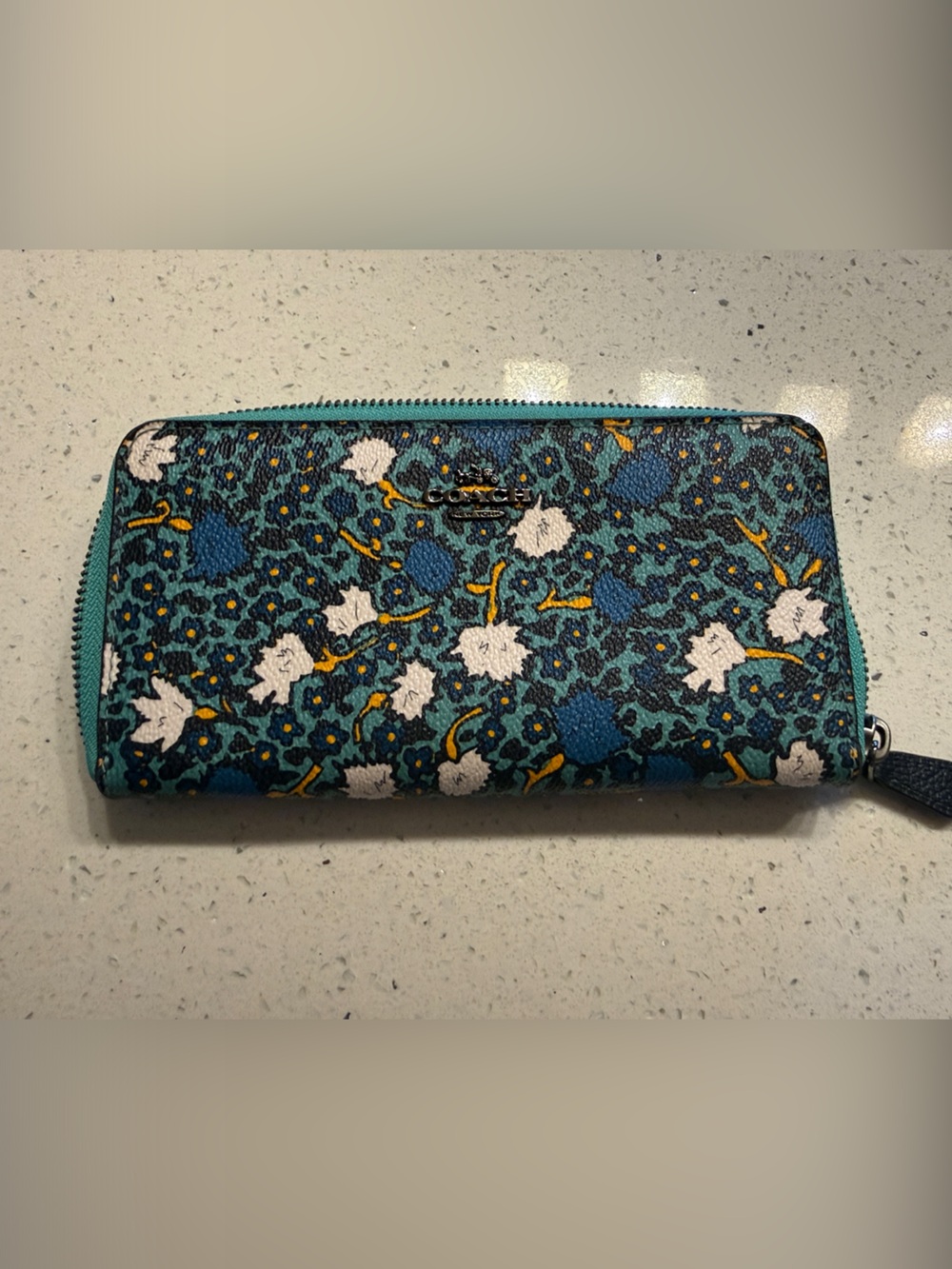 Coach Turquoise Floral Zip Around Card Holder Wallet